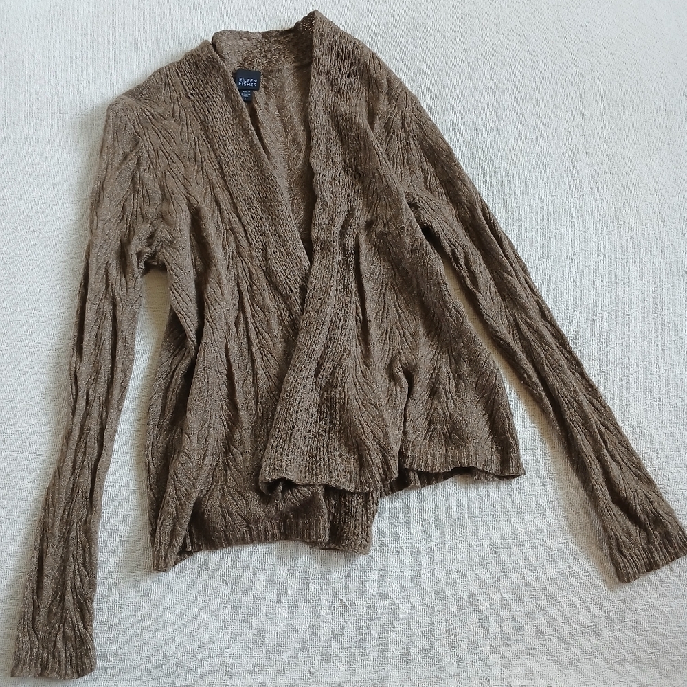eileen fisher brown alpaca blend cardigan sweater knit textured lounge large